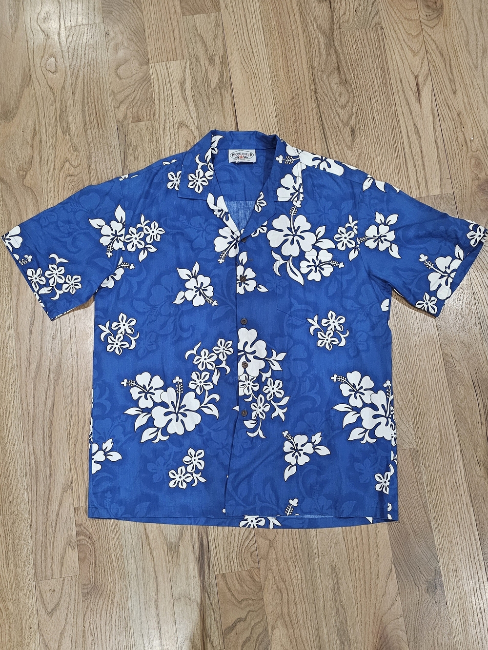 Vintage Pacific Legend Aloha Shirt Made In Hawaii USA Blue Hibiscus Floral Camp